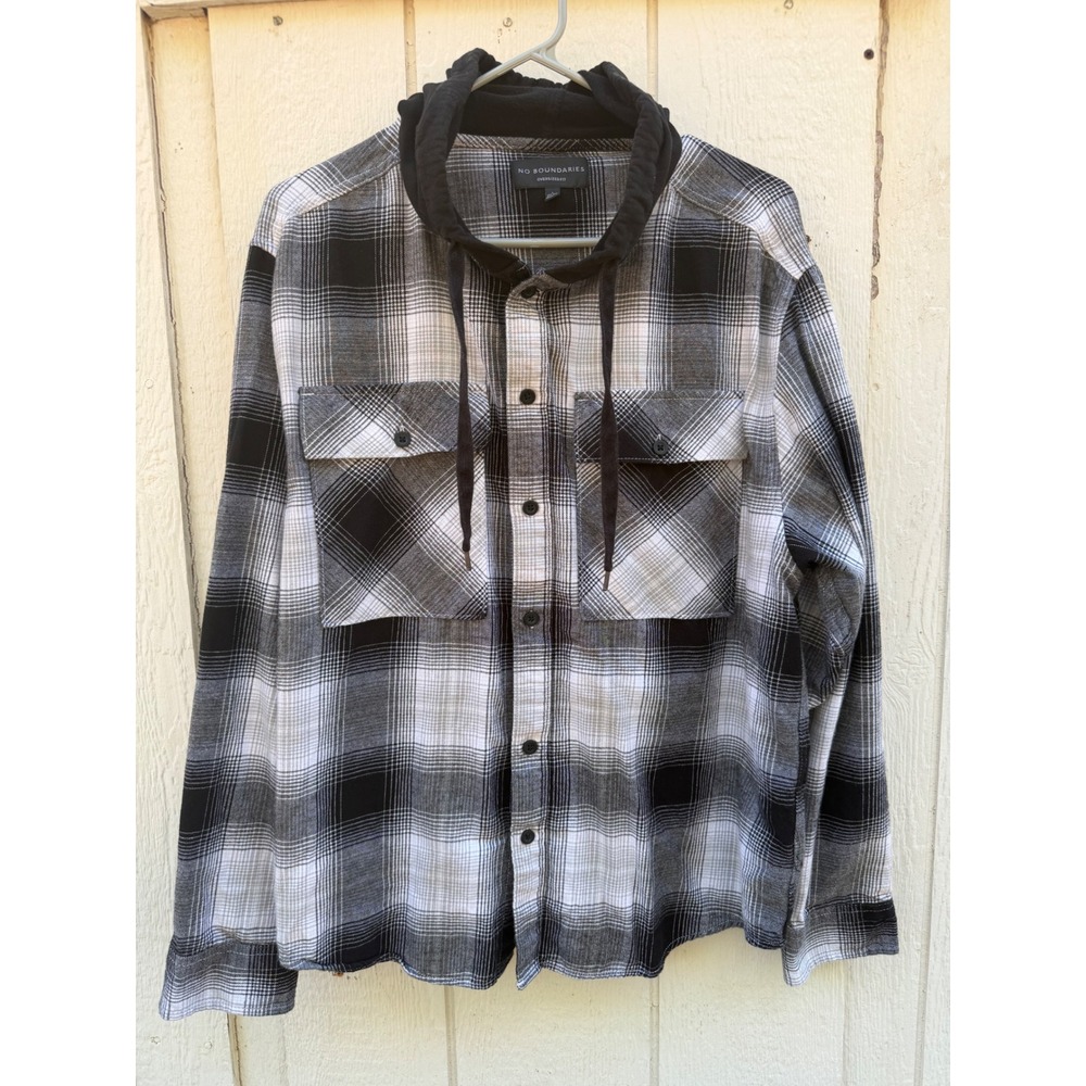 No Boundaries Mens Hooded Flannel Shirt Black White Plaid Oversized L 42-44